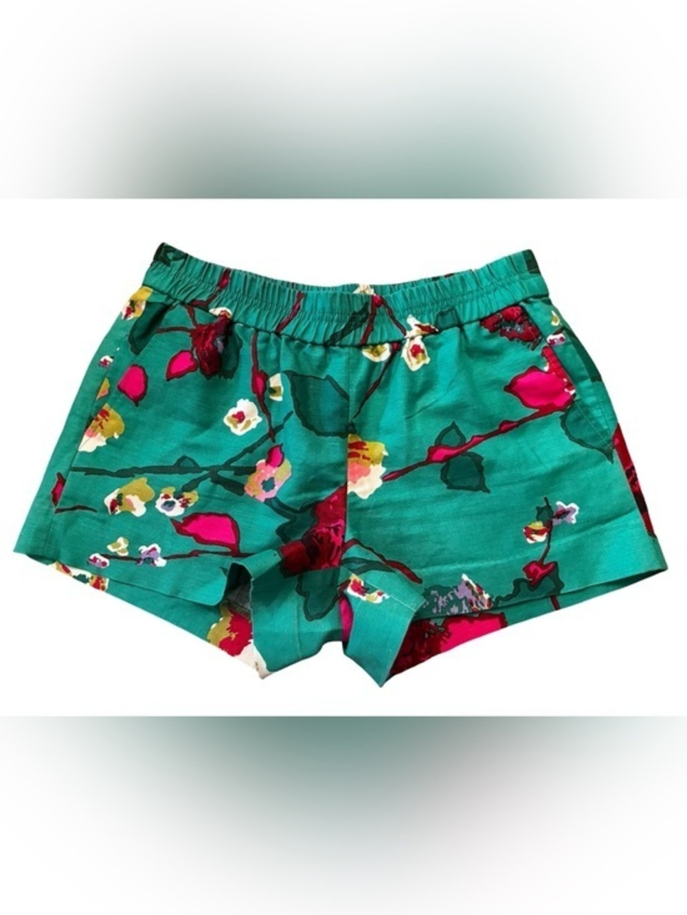 J. CREW FACTORY Kelly Green Linen Floral Boardwalk Shorts, Size 2.